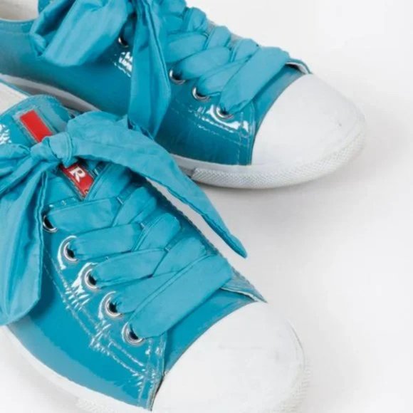 Prada Blue Patent Leather Ribbon Lace-Up Sneakers - Picture 6 of 10